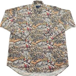 Ducks Unlimited Button Down Shirt Mens Medium Tan Vintage Mallard Duck Print 90s